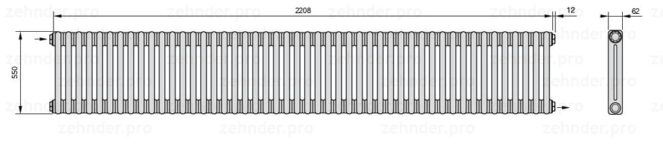 Схема (чертеж) Радиатор Zehnder Charleston 2055/48 №1670 Белый глянцевый RAL 9016